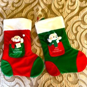 My First Christmas Stocking -Red with Green and little bear rattle with red hat